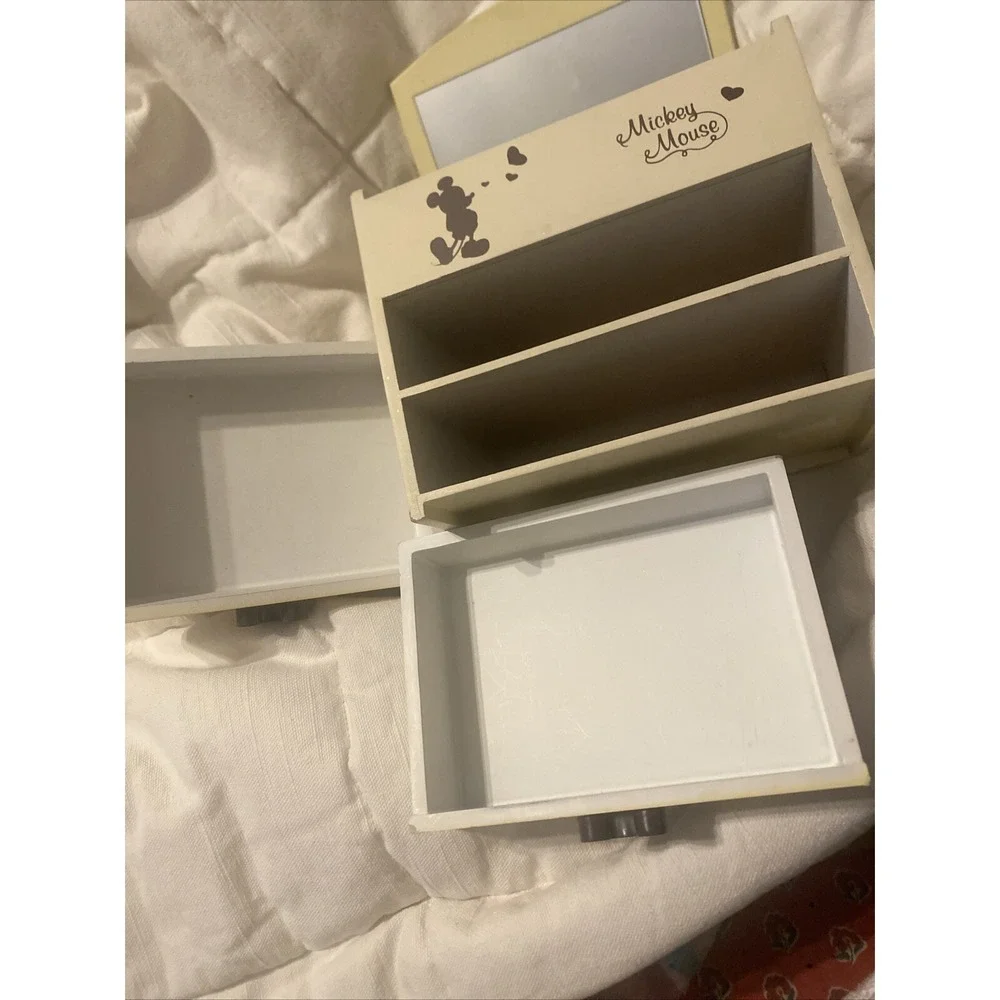 Vtg Disney Wood Mickey Mouse Mirror Jewelry Trinket Box RARE Mickey & Minnie‎